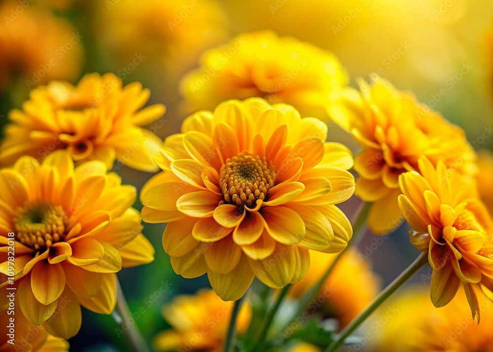 Fototapeta premium Close-Up of Vibrant Yellow Flowers with a Softly Blurred Background, Capturing the Beauty of Nature in Stunning Detail and Rich Colors for a Serene Atmosphere