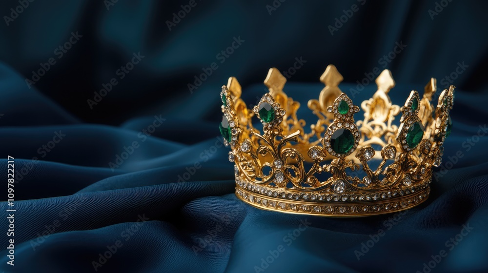 Elegant Gold Crown with Emerald and Diamond Details on Silk Fabric Elegant Gold Crown with Emerald and Diamond Details on Silk Fabric