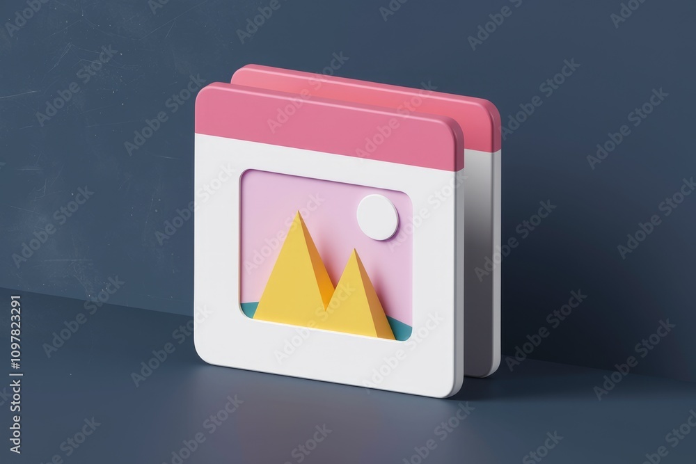 A 3D render of a minimalist image gallery icon with pink and yellow accents A 3D render of a minimalist image gallery icon with pink and yellow accents