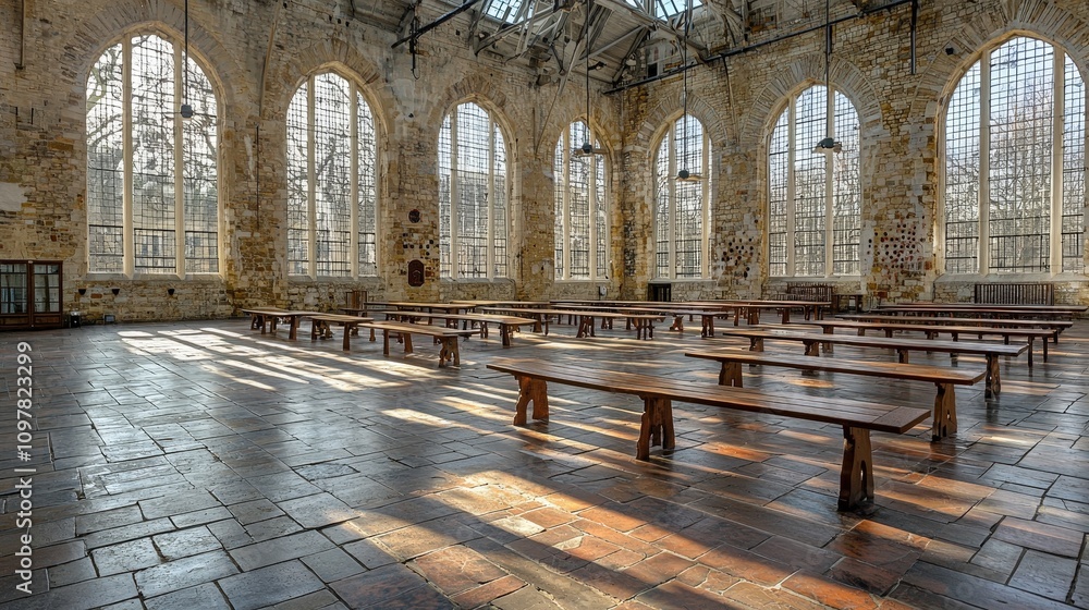 Obraz premium Sunlit Stone Hallway with Wooden Benches Historic Building Interior Architectural Photog