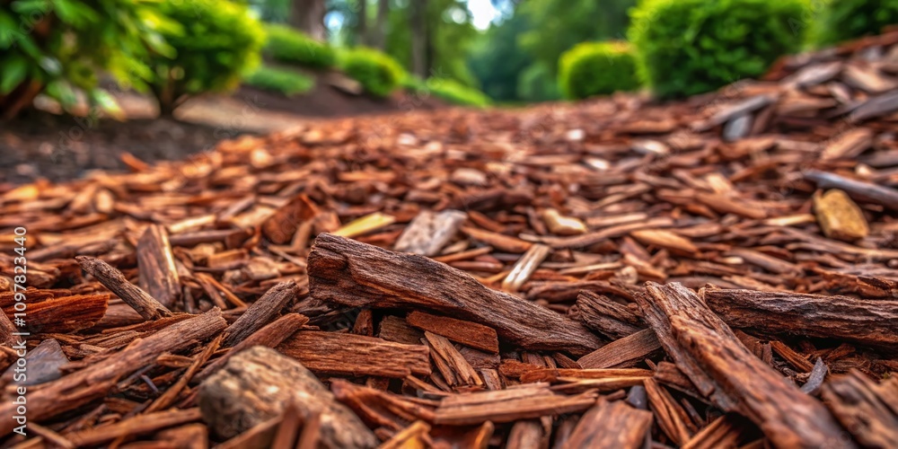 Close-Up View of Natural Brown Bark Mulch for Gardening and Landscaping, Perfect for Plant Beds and Natural Aesthetics in Outdoor Spaces Close-Up View of Natural Brown Bark Mulch for Gardening and Landscaping, Perfect for Plant Beds and Natural Aesthetics in Outdoor Spaces