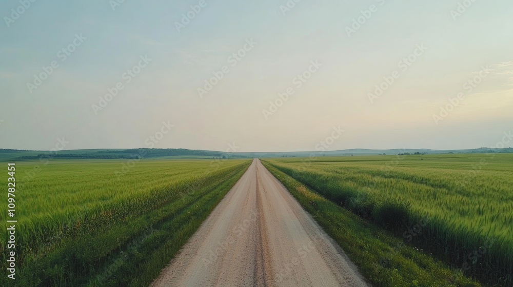 Empty country road through green fields, creating a simple, calming road trip scene Empty country road through green fields, creating a simple, calming road trip scene