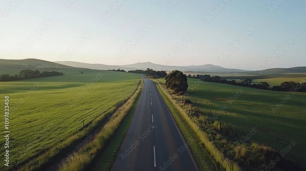 Empty country road through green fields, creating a simple, calming road trip scene Empty country road through green fields, creating a simple, calming road trip scene