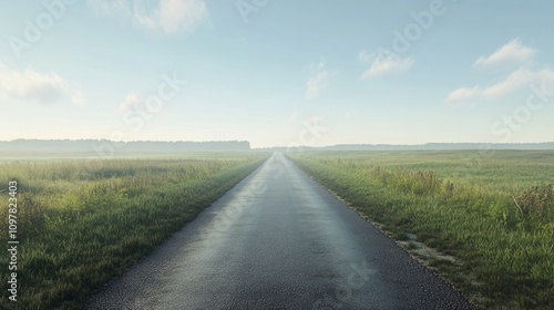 Empty asphalt road through open fields, creating a peaceful and inviting road scene