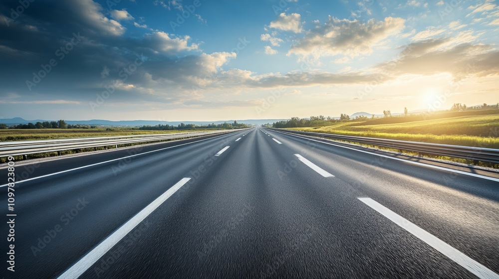 Fototapeta premium Empty highway stretching ahead through scenic landscapes, ideal for a classic road trip scene