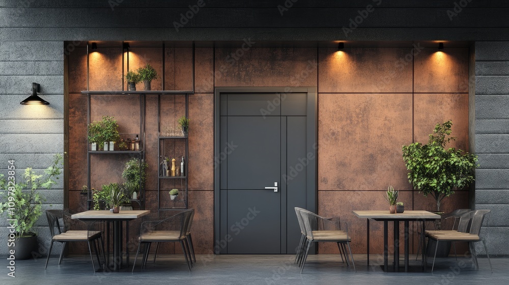 A modern restaurant window mockup with a bold, industrial-style door, complete with minimalist furniture and artistic decor A modern restaurant window mockup with a bold, industrial-style door, complete with minimalist furniture and artistic decor