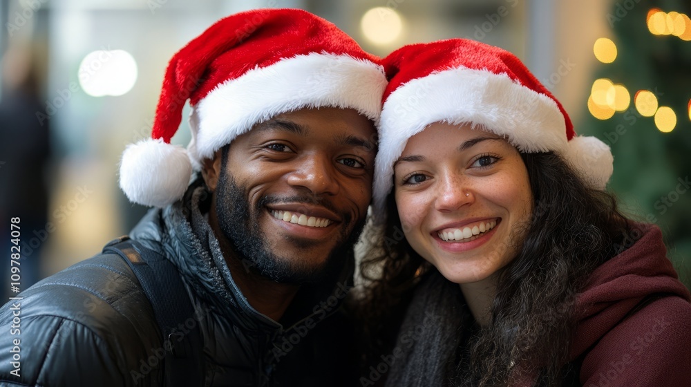 A man and a woman are smiling and wearing santa hats A man and a woman are smiling and wearing santa hats