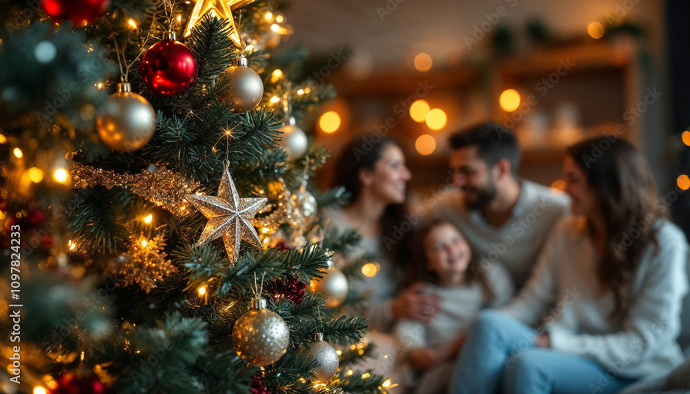 Obraz premium Festive Christmas tree with sparkling ornaments and a cozy family in the background.