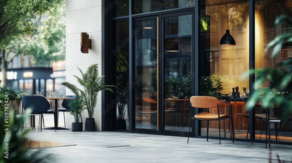 A restaurant entrance mockup with glass windows, a stylish door, and modern furniture creating a vibrant, welcoming space A restaurant entrance mockup with glass windows, a stylish door, and modern furniture creating a vibrant, welcoming space