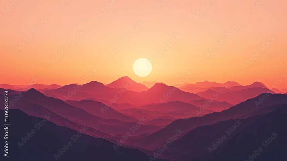 Fototapeta premium A breathtaking sunset over a range of mountains, creating a serene atmosphere with warm hues of orange and pink.