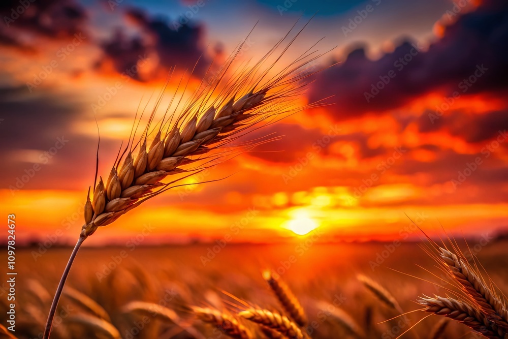 Closeup of Wheat Ear Silhouette Against a Stunning Red Dramatic Sunset Background, Capturing Nature’s Beauty and Tranquility in a Captivating Scene with Copy Space for Text