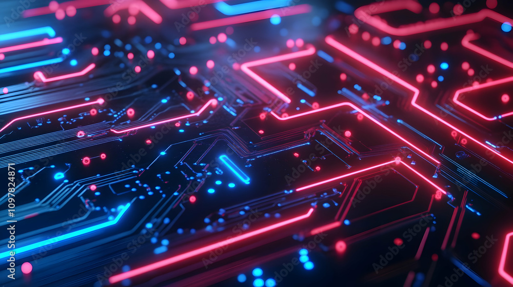 A glowing circuit board with vibrant pink and blue highlights, symbolizing data transfer and futuristic computing technology. A glowing circuit board with vibrant pink and blue highlights, symbolizing data transfer and futuristic computing technology.