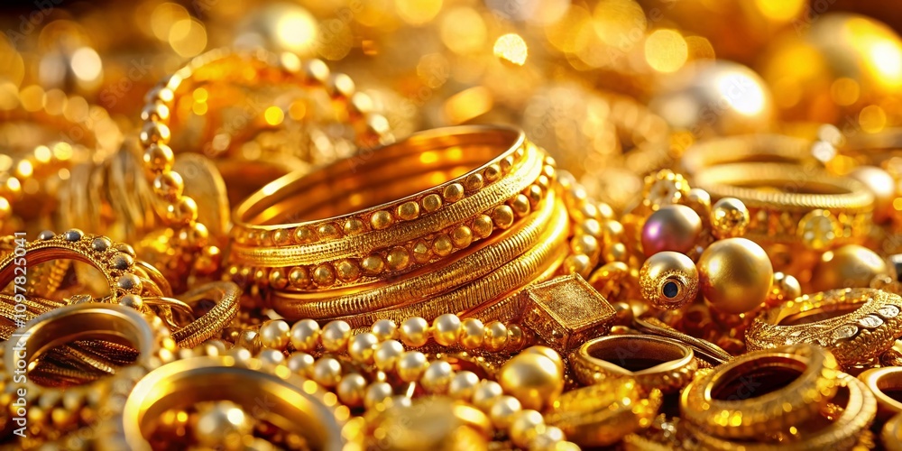 Closeup Tilt-Shift Photograph of a Stunning Pile of Gold Jewelry, Showcasing Intricate Details and Textures in a Vibrant, Cheerful Setting Closeup Tilt-Shift Photograph of a Stunning Pile of Gold Jewelry, Showcasing Intricate Details and Textures in a Vibrant, Cheerful Setting