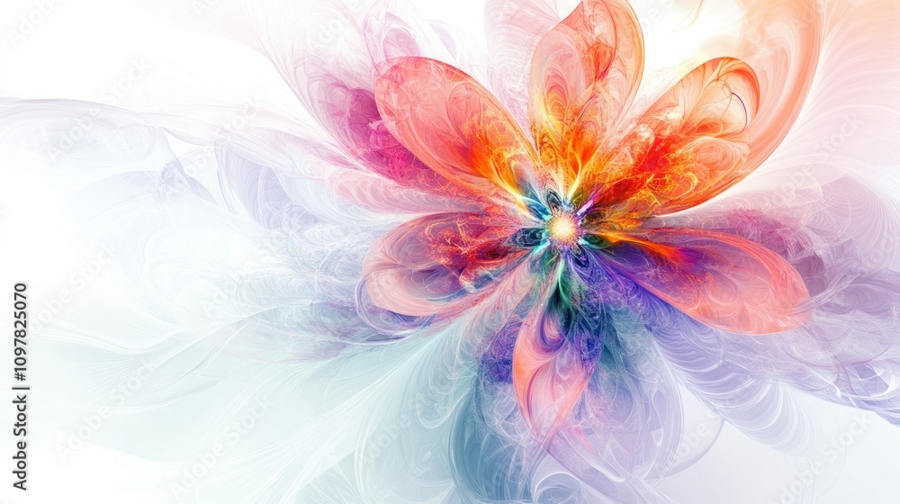 flower blooming in a spectrum of bright colors, showcasing swirling patterns and fractal designs. The background is clean white flower blooming in a spectrum of bright colors, showcasing swirling patterns and fractal designs. The background is clean white