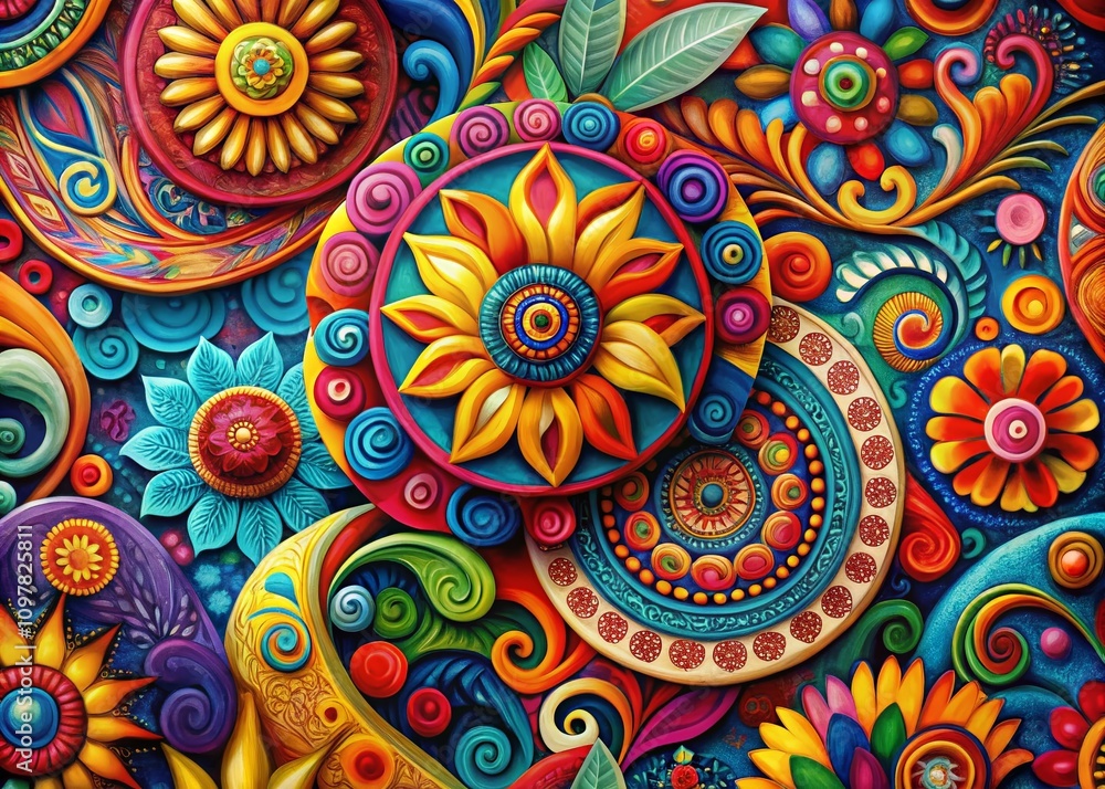 Fototapeta premium Colorful Abstract Pattern of Decorative Brush Strokes and Swirling Geometric Designs for Artistic Creative Projects and Applications in a Dynamic Visual Style