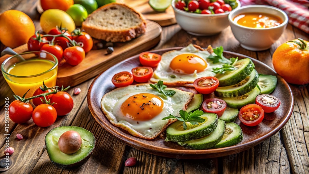 Colorful and Delicious Breakfast Spread Featuring Fried Eggs, Avocado, Cherry Tomatoes, Ham, and Oranges on a Rustic Wooden Table Colorful and Delicious Breakfast Spread Featuring Fried Eggs, Avocado, Cherry Tomatoes, Ham, and Oranges on a Rustic Wooden Table