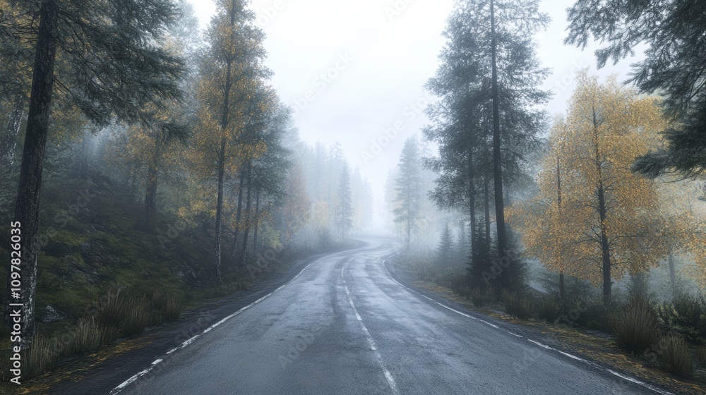 Foggy road through a misty forest, creating a mysterious and serene travel scene Foggy road through a misty forest, creating a mysterious and serene travel scene