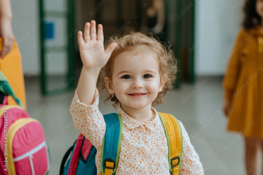 custom made wallpaper toronto digitalToddler waves goodbye, a sweet farewell, backpack adorns her back, radiating joy.