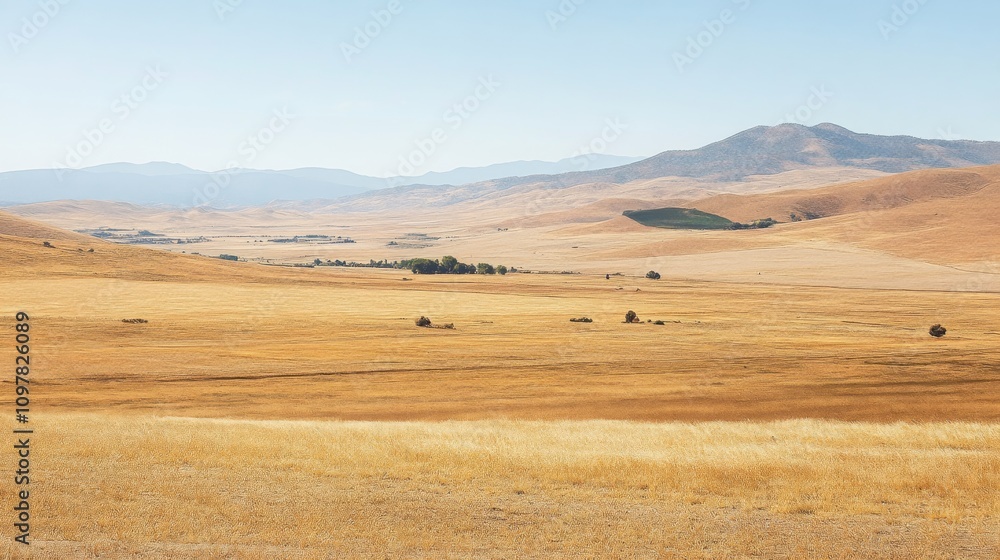 Expansive Golden Prairie Landscape with Gentle Hills and Clear Blue Sky, Ideal for Nature Themes and Scenic Backgrounds for Stock Photography Expansive Golden Prairie Landscape with Gentle Hills and Clear Blue Sky, Ideal for Nature Themes and Scenic Backgrounds for Stock Photography