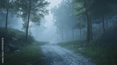 Foggy road through a misty forest, creating a mysterious and serene travel scene