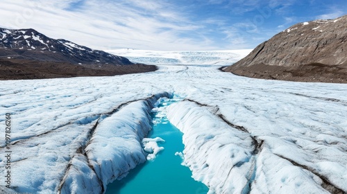 Majestic glacier panorama, A turquoise river carves through ancient ice, under a brilliant blue sky photo