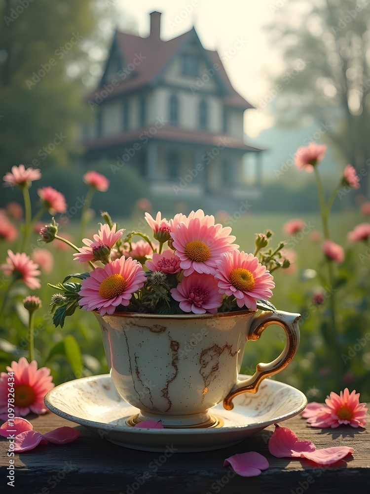 cup of flowers in a mystery house