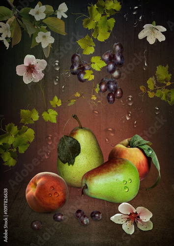 Ripe pears and juicy peaches against the background of grapevines and grapes. Autumn still life. Digital art.