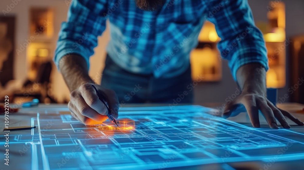 A person interacts with a holographic interface, designing or analyzing a blueprint. A person interacts with a holographic interface, designing or analyzing a blueprint.