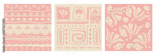 Retro hand drawn culturistic tropical summer shape set. Pink Jungle nature illustration collection. Vintage exotic clip art palm tree, flower, abstract pattern. Geometric mosaic style element bundle