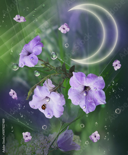 Field bluebells with dew drops on a green-violet background under the moonlight. Still life. Digital art.