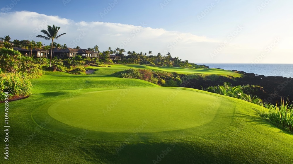 Golf course overview with fairway and putting green, showcasing an ideal golfing location Golf course overview with fairway and putting green, showcasing an ideal golfing location