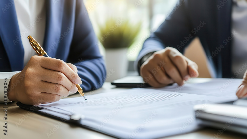 Businessperson making notes on a document while negotiating with a client, business deal, preparing for agreement Businessperson making notes on a document while negotiating with a client, business deal, preparing for agreement