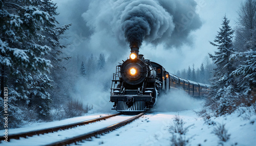 Old steam locomotive cutting through snowy landscape with glowing headlights.

 photo