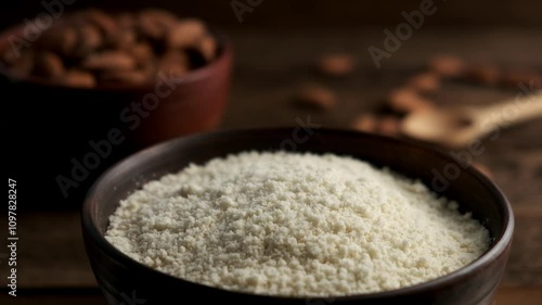 Fresh almond flour in a bowl and almonds. Gluten free food concept.