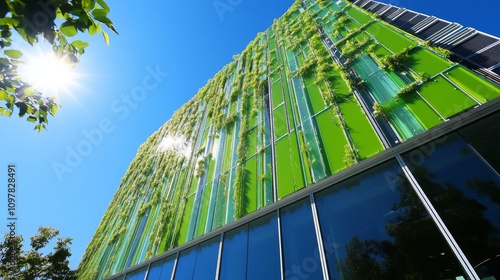 Modern Eco-Friendly Building with Vertical Garden and Bright Blue Sky Providing Sustainable Architecture in Urban Environment and Natural Aesthetics