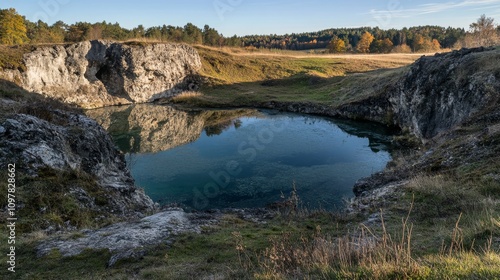 Peaceful Natural Landscape with Clear Water in a Rocky Quarry Surrounded by Lush Green Grass and Autumn Foliage Under a Bright Blue Sky