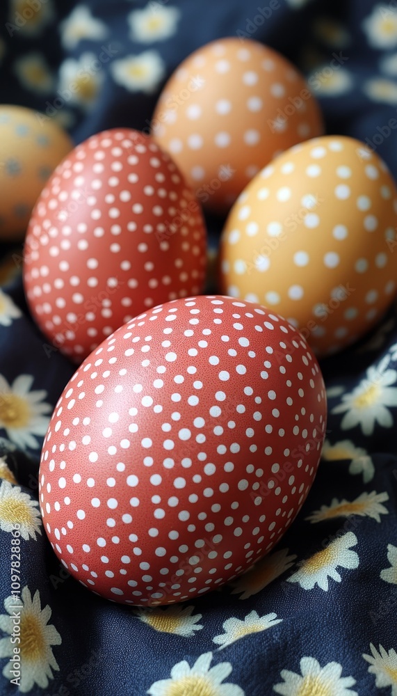 Festive Easter eggs decorated with white dots rest on blue fabric adorned with daisy pattern. Festive Easter eggs decorated with white dots rest on blue fabric adorned with daisy pattern.
