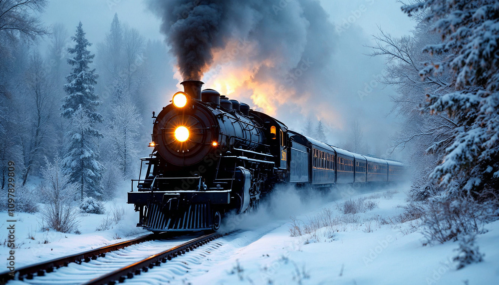 Old steam locomotive cutting through snowy landscape with glowing headlights.
Old steam locomotive cutting through snowy landscape with glowing headlights.