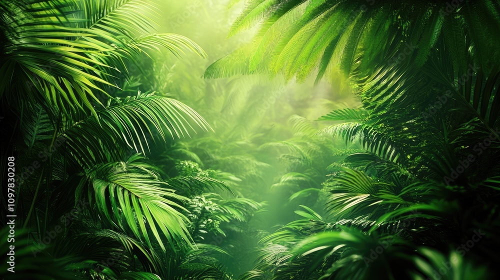 Obraz premium Lush green tropical foliage creating a serene, tranquil atmosphere in a vibrant rainforest.