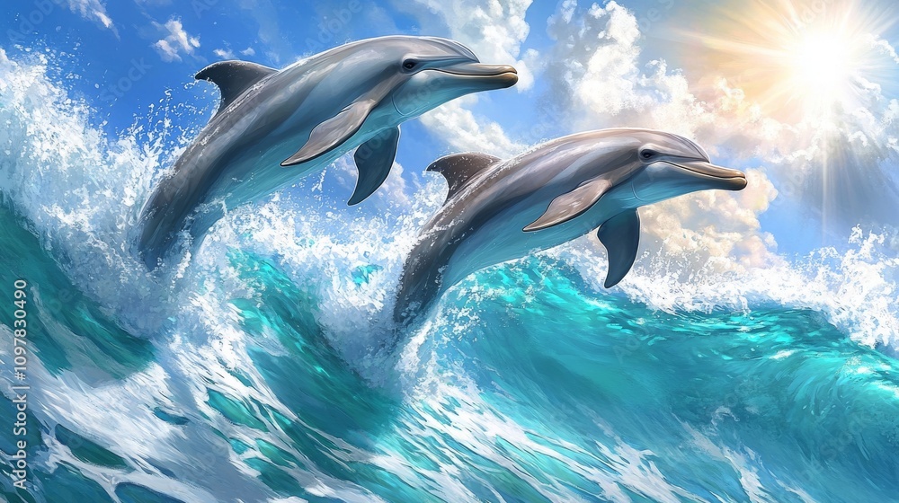 Fototapeta premium Two playful dolphins leaping through vibrant ocean waves against a backdrop of shining sun and blue sky, capturing the essence of marine life and joyful aquatic moments.