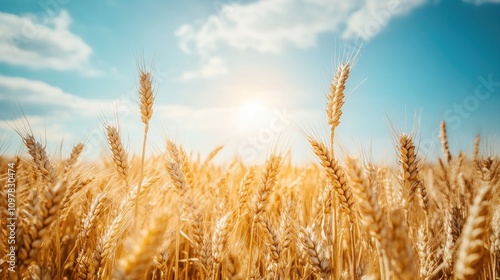 A field of golden wheat swaying gently under a bright blue sky with fluffy clouds, illuminated by the warm sunlight.