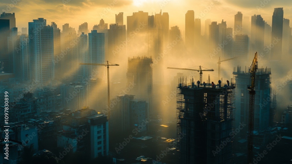 Obraz premium Urban skyline at dawn showcasing construction cranes silhouetted against a cityscape, bathed in warm sunlight with mist enhancing the atmosphere of development and growth.