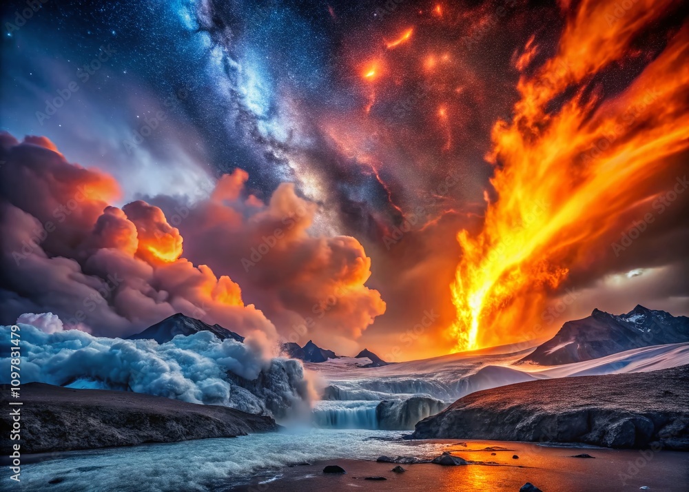 Naklejka premium Cosmic Energy Collision: A Dramatic Encounter of Fiery and Icy Forces Captured in Stunning Detail, Showcasing the Power and Beauty of Nature’s Elements in Harmony and Conflict