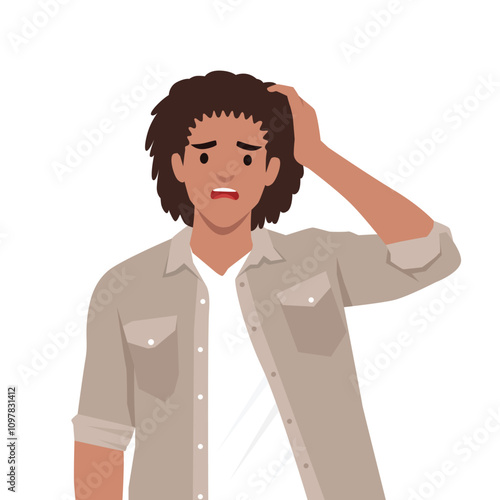 Man scratching his head worried suffer from panic attack or anxiety. lat vector illustration isolated on white background