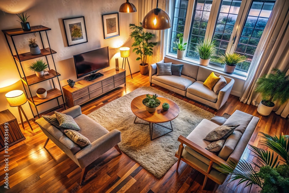 Cozy and Stylish Living Room Furniture Arrangement in Low Light, Featuring Sofa, Wooden Coffee Table, Armchair, TV, Floor Lamps, Oval Rug, and Potted Plants Cozy and Stylish Living Room Furniture Arrangement in Low Light, Featuring Sofa, Wooden Coffee Table, Armchair, TV, Floor Lamps, Oval Rug, and Potted Plants