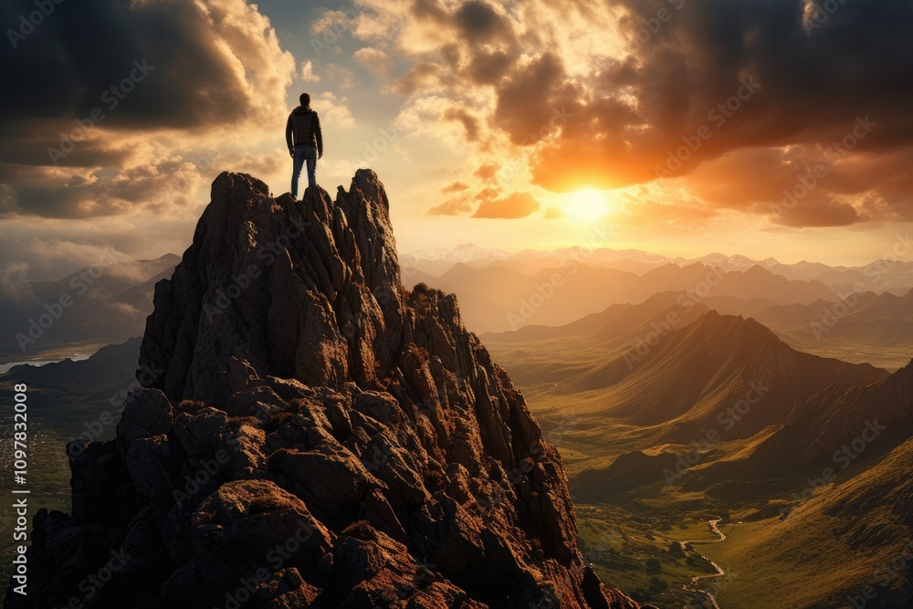 Fototapeta premium A Solitary Figure in a Black Jacket Maintains Vigil Atop a Craggy Brown Rock Formation Bathed in Golden Sunlight