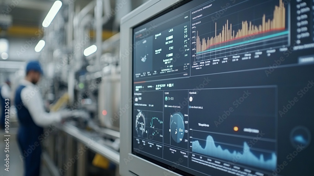 Factory worker monitoring production data on a large screen. Factory worker monitoring production data on a large screen.