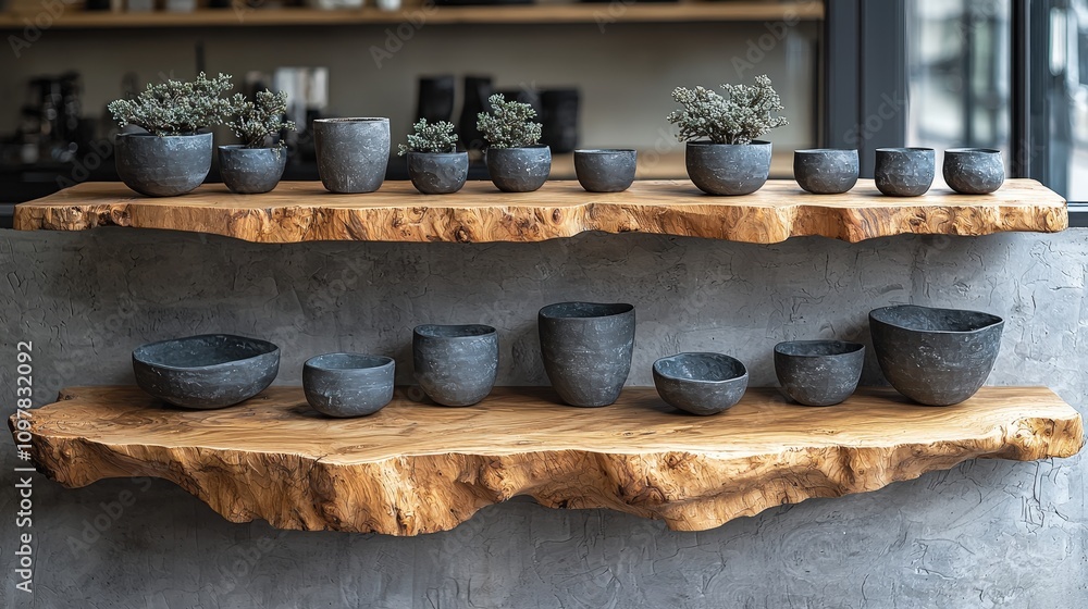 Modern Minimalist Home Decor Reclaimed Wood Shelves with Grey Pottery Plants Modern Minimalist Home Decor Reclaimed Wood Shelves with Grey Pottery Plants