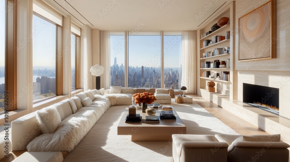 Luxurious modern living room with city view, fireplace, and large windows. Luxurious modern living room with city view, fireplace, and large windows.