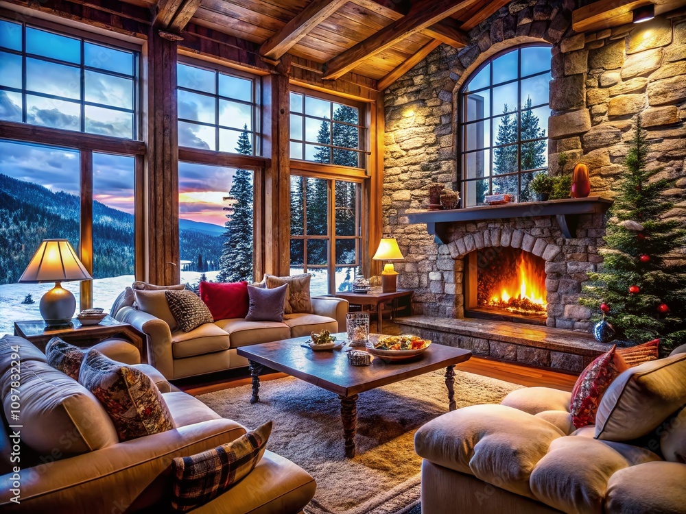 Cozy Cabin Living Room with Stone Walls and Large Windows Overlooking a Winter Landscape, Featuring a Warm Fireplace and Inviting Rustic Decor for Ultimate Comfort and Relaxation Cozy Cabin Living Room with Stone Walls and Large Windows Overlooking a Winter Landscape, Featuring a Warm Fireplace and Inviting Rustic Decor for Ultimate Comfort and Relaxation